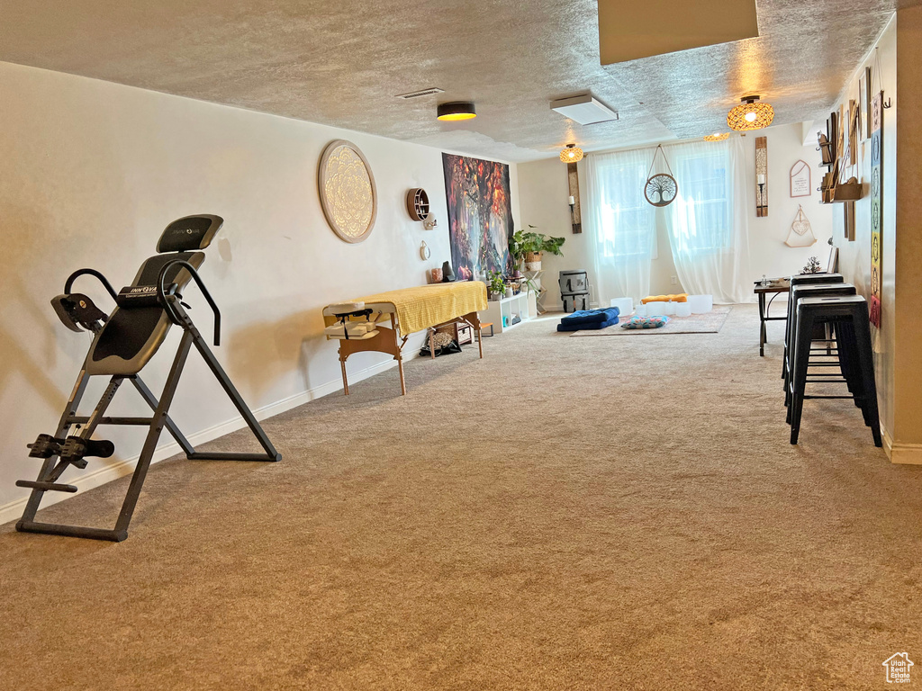 Misc room featuring light colored carpet and a textured ceiling
