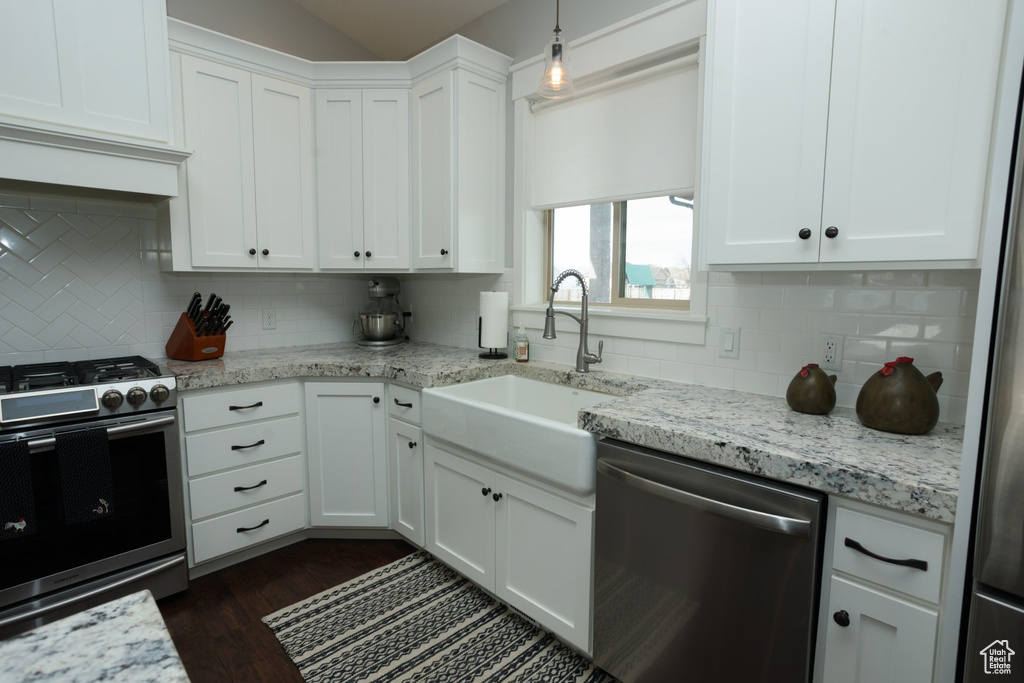 Kitchen with pendant lighting, stainless steel appliances, tasteful backsplash, and dark hardwood / wood-style flooring