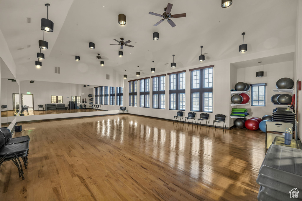 Misc room with high vaulted ceiling, hardwood / wood-style floors, and ceiling fan