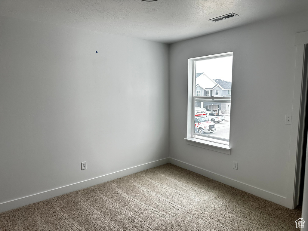 Unfurnished room with a textured ceiling, light carpet, and a healthy amount of sunlight