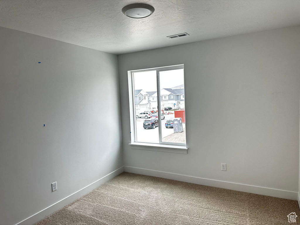 Unfurnished room featuring a textured ceiling and light colored carpet