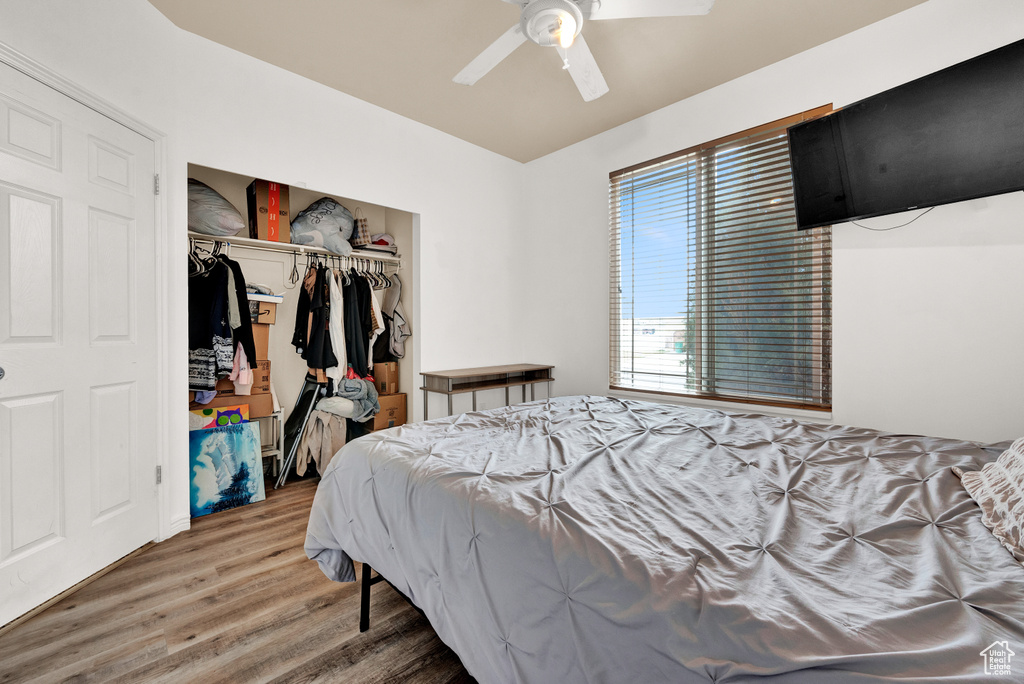 Bedroom with a closet, hardwood / wood-style floors, and ceiling fan