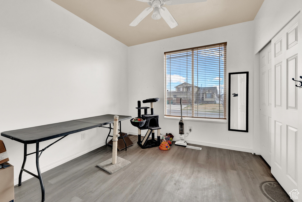 Workout area featuring dark wood-type flooring and ceiling fan