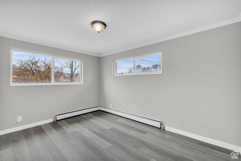 Empty room featuring crown molding, hardwood / wood-style floors, and a wealth of natural light
