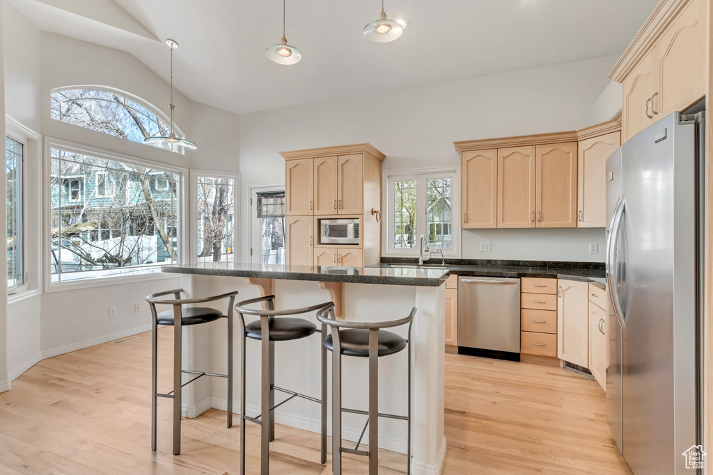 Kitchen with appliances with stainless steel finishes, light hardwood / wood-style flooring, pendant lighting, and a kitchen island
