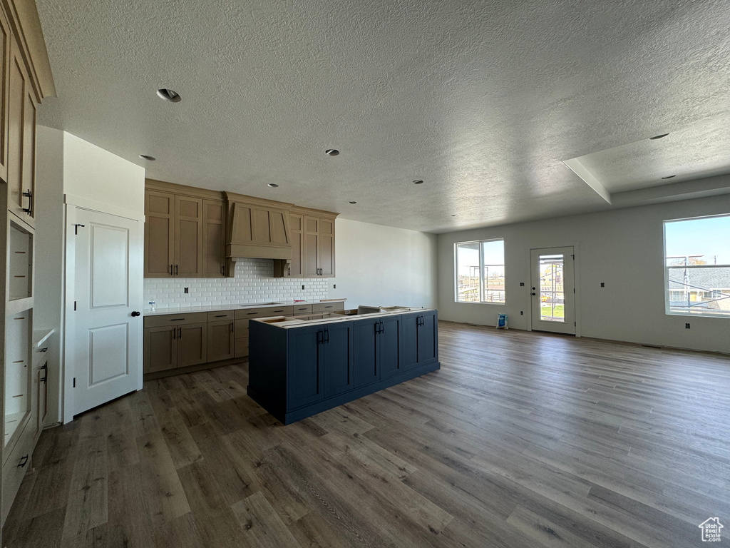 Kitchen with dark hardwood / wood-style floors, a center island, tasteful backsplash, and custom exhaust hood
