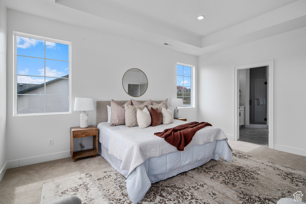 Bedroom featuring a tray ceiling and light carpet