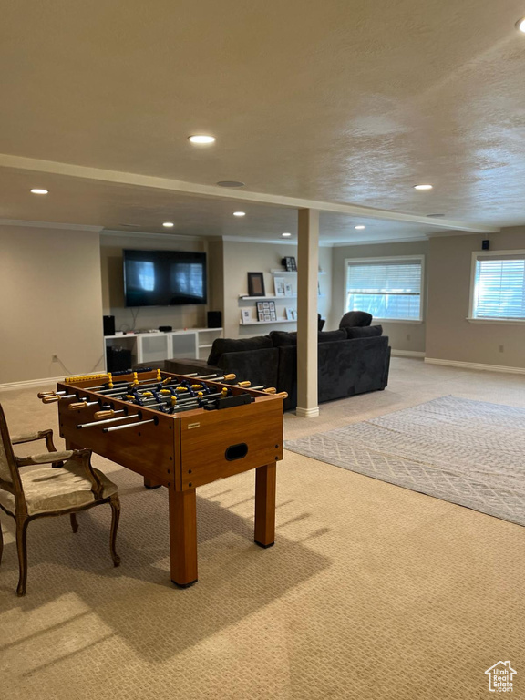 Game room with light colored carpet and ornamental molding