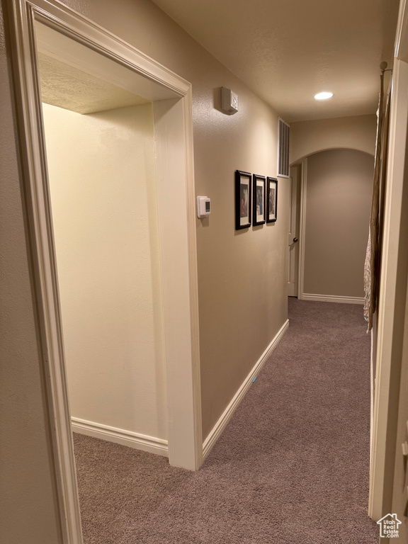 Corridor with dark colored carpet