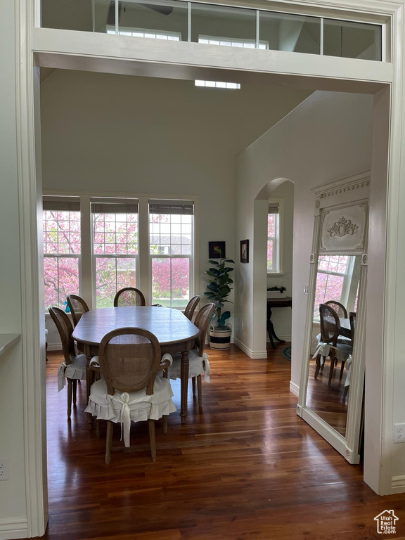 Dining area with a wealth of natural light, a high ceiling, and dark hardwood / wood-style floors