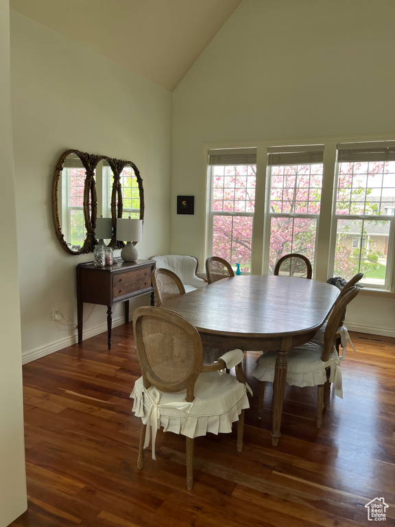 Dining room featuring a wealth of natural light, high vaulted ceiling, and dark hardwood / wood-style floors