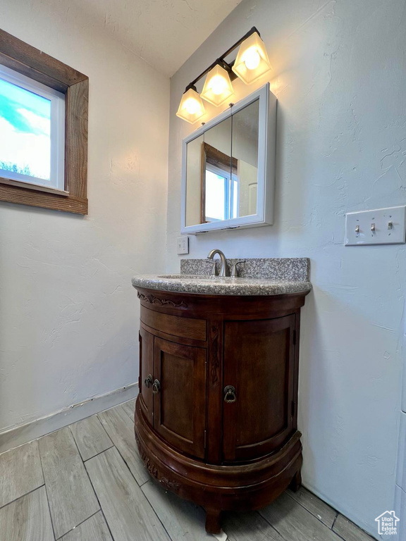 Bathroom featuring vanity, a healthy amount of sunlight, and hardwood / wood-style flooring