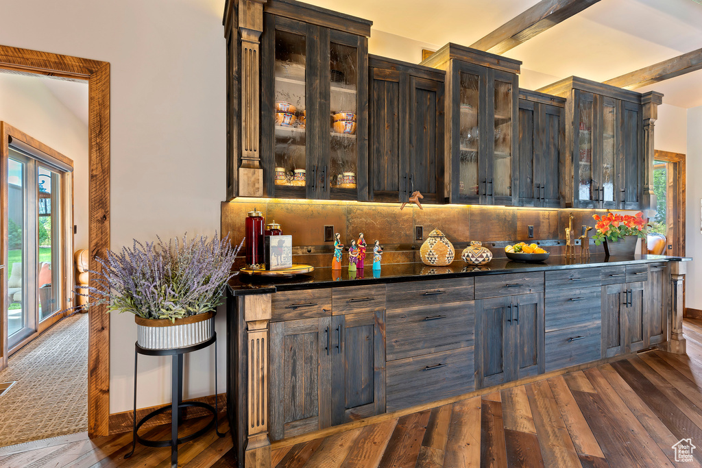 Bar featuring backsplash, dark brown cabinets, plenty of natural light, and dark hardwood / wood-style floors