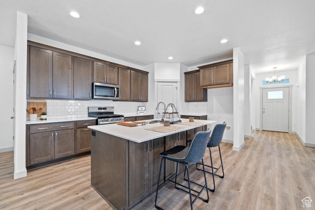 Kitchen with light wood-type flooring, a center island with sink, stainless steel appliances, an inviting chandelier, and tasteful backsplash