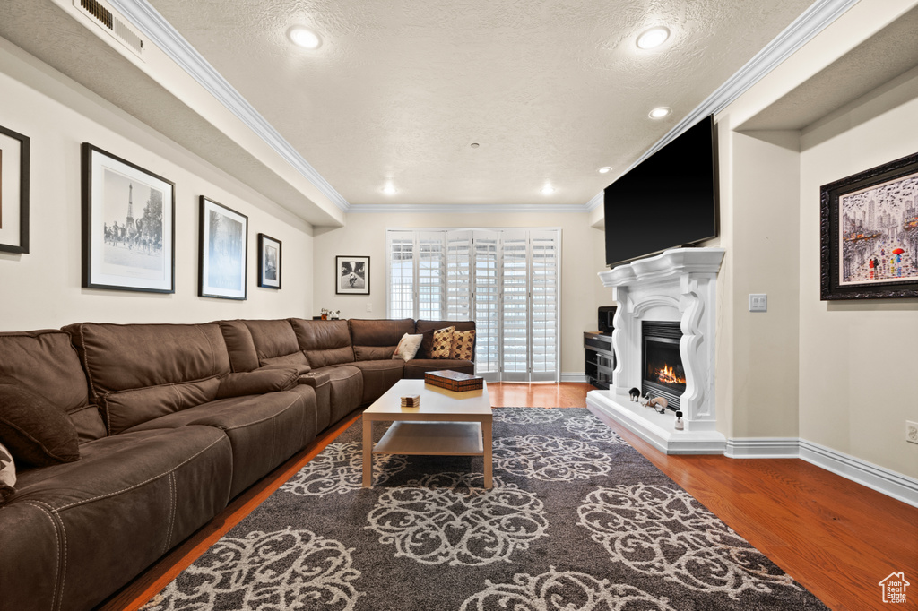 Living room with crown molding, dark hardwood / wood-style flooring, and a textured ceiling