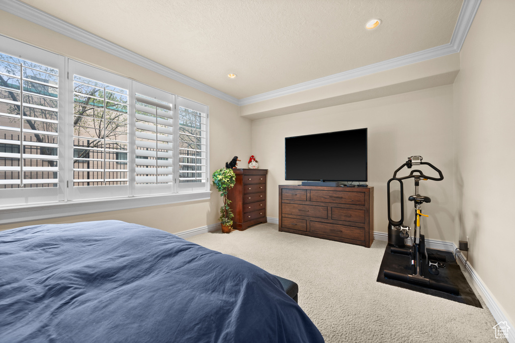 Bedroom with light carpet and crown molding