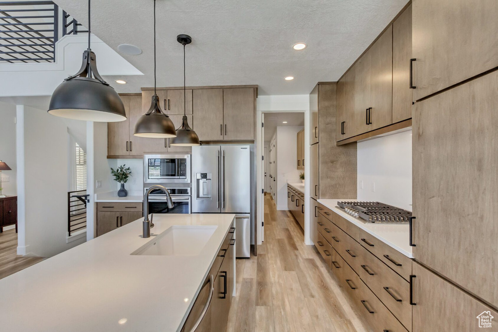 Kitchen featuring hanging light fixtures, stainless steel appliances, light wood-type flooring, and sink