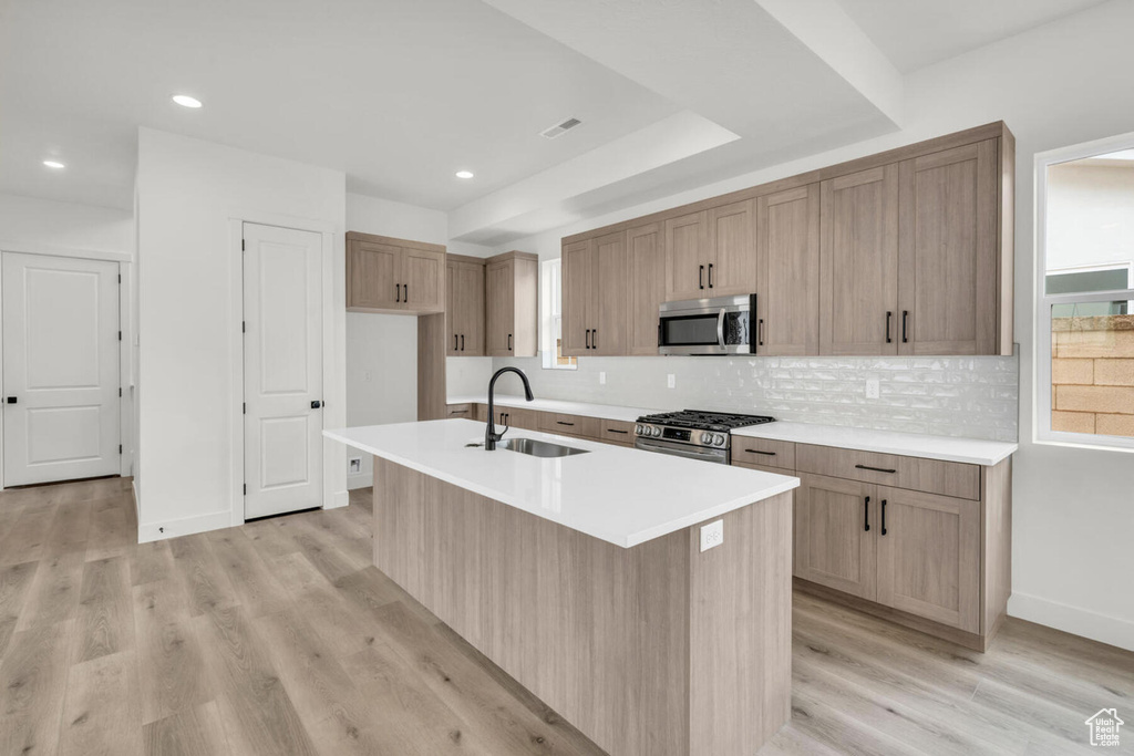 Kitchen featuring backsplash, a kitchen island with sink, sink, light wood-type flooring, and stainless steel appliances