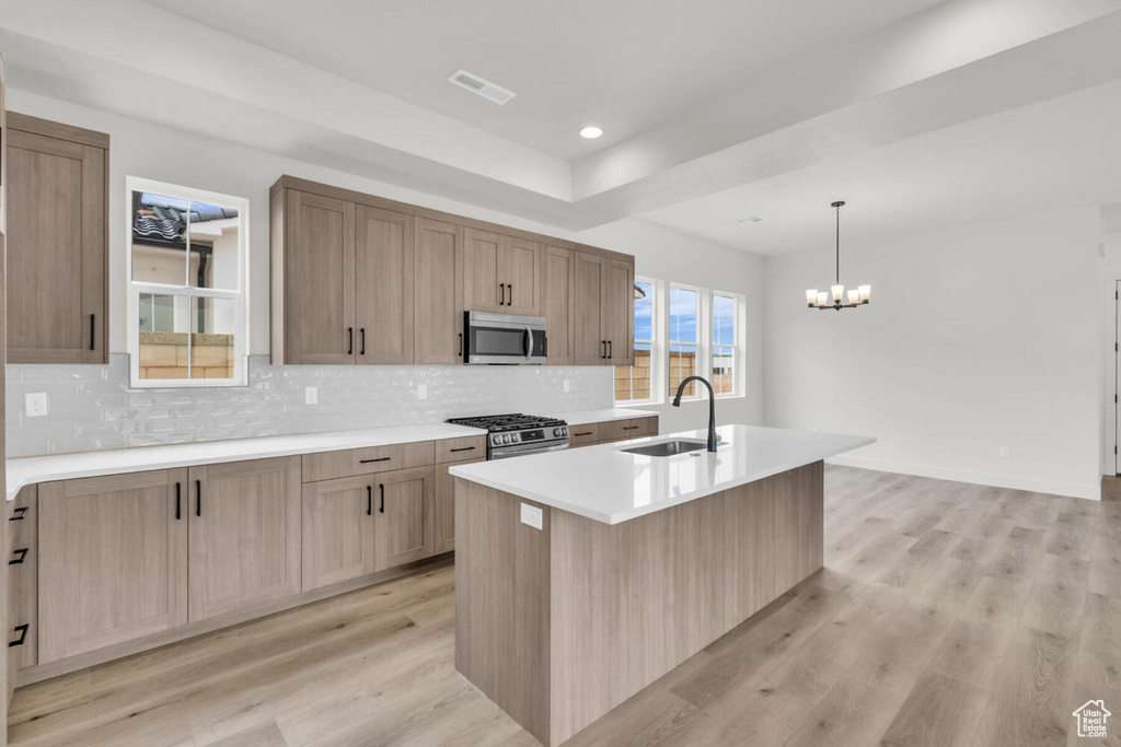 Kitchen with sink, light wood-type flooring, stainless steel appliances, a chandelier, and tasteful backsplash