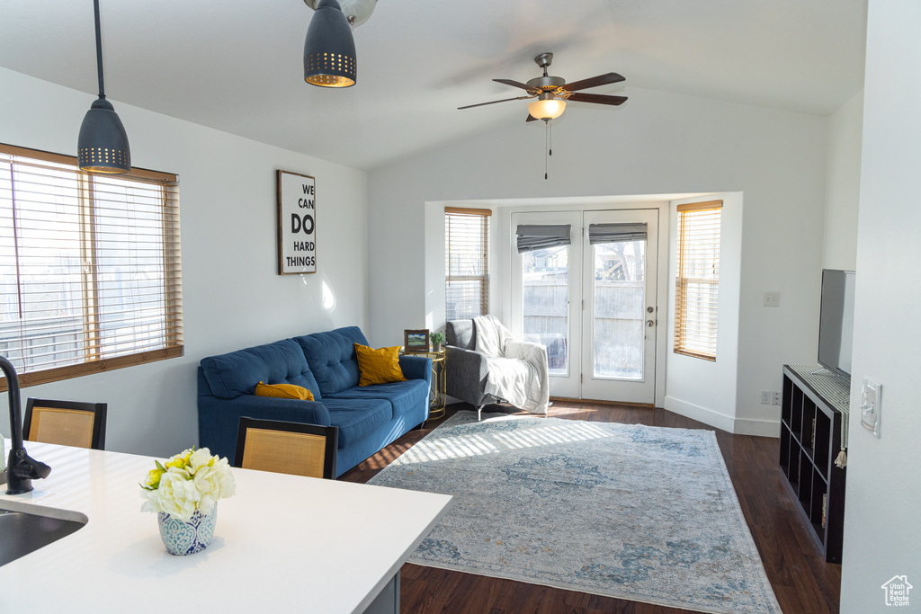 Living room featuring lofted ceiling, ceiling fan, dark hardwood / wood-style flooring, and sink
