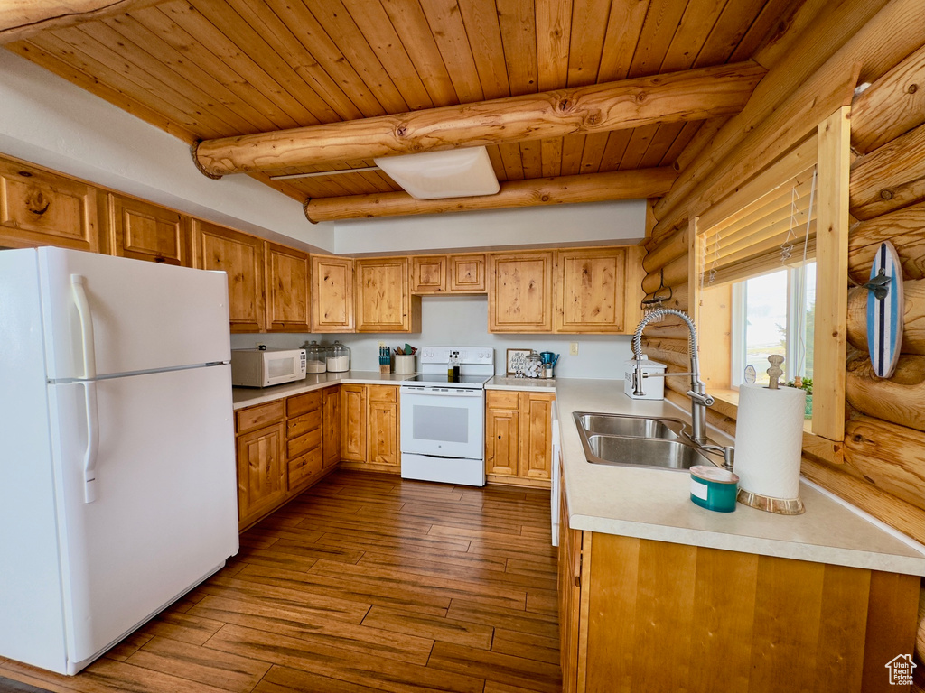 Kitchen featuring white appliances, log walls, sink, and beamed ceiling