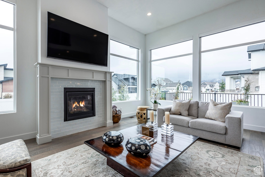 Living room featuring plenty of natural light and dark wood-type flooring