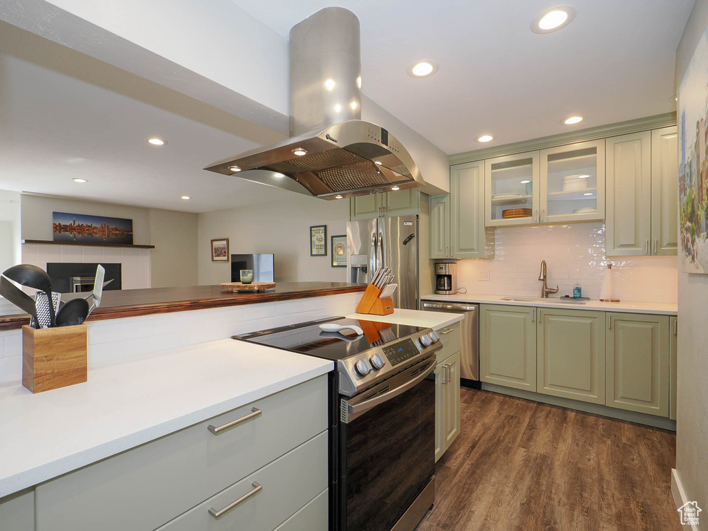 Kitchen featuring green cabinetry, dark hardwood / wood-style floors, stainless steel appliances, and island exhaust hood