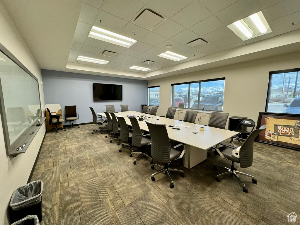 Office area with a drop ceiling, a raised ceiling, and carpet floors