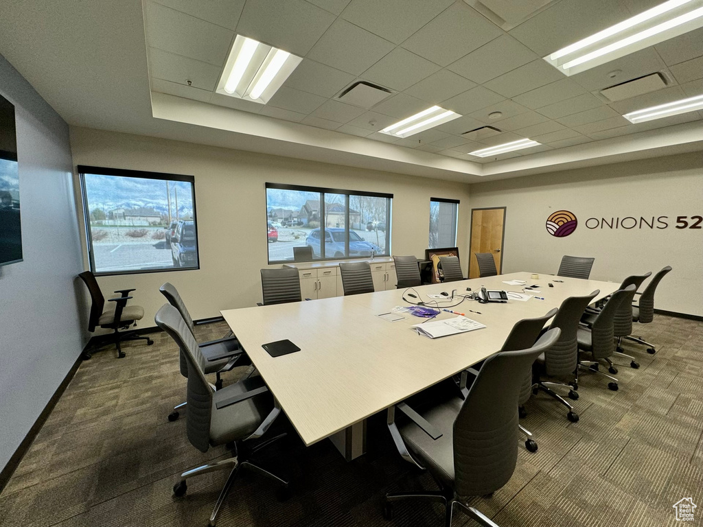 Carpeted office with a raised ceiling and a drop ceiling