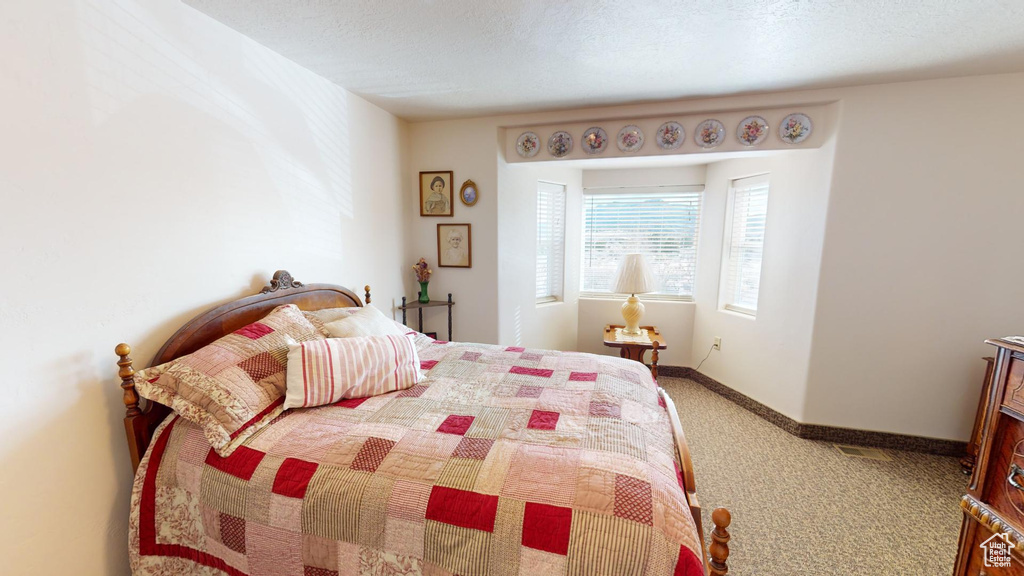 Carpeted bedroom featuring a textured ceiling