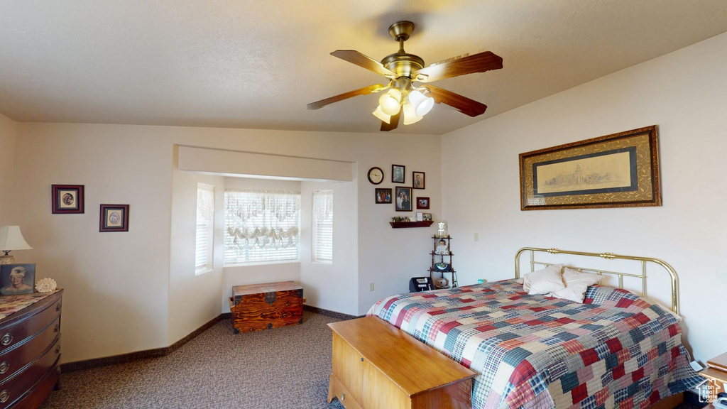 Carpeted bedroom with vaulted ceiling and ceiling fan