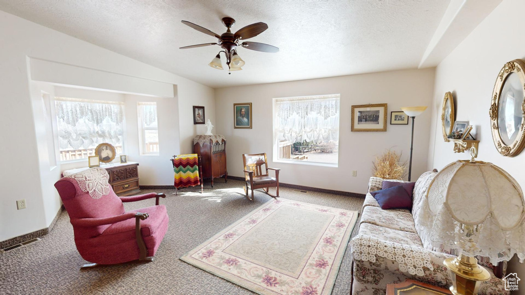 Living area with carpet flooring, ceiling fan, and a textured ceiling