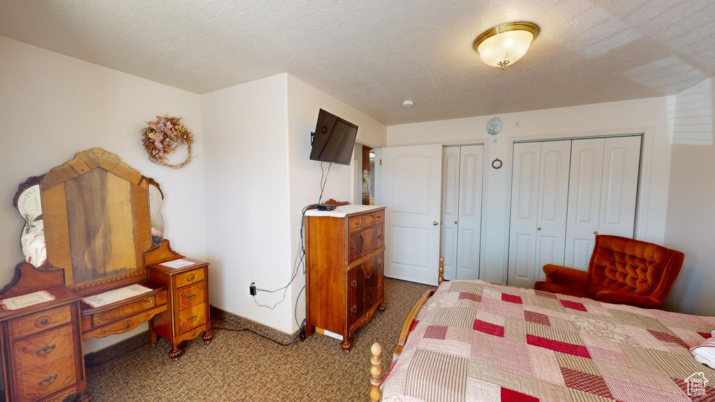 Carpeted bedroom featuring a textured ceiling and multiple closets