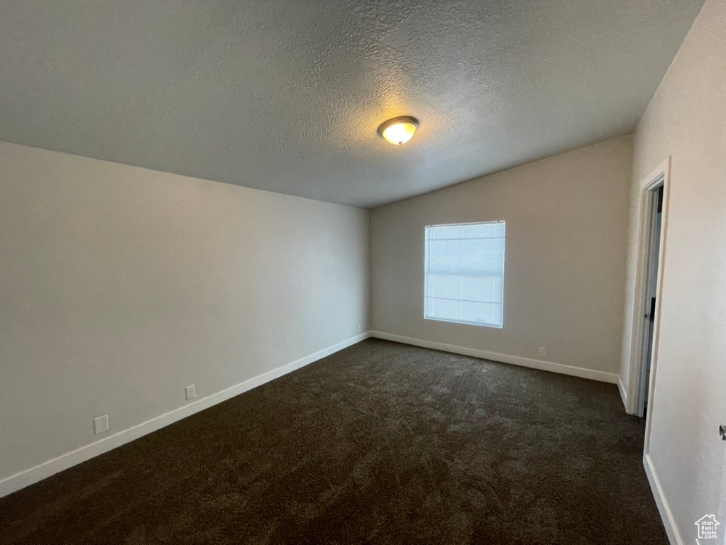 Carpeted empty room with a textured ceiling and lofted ceiling