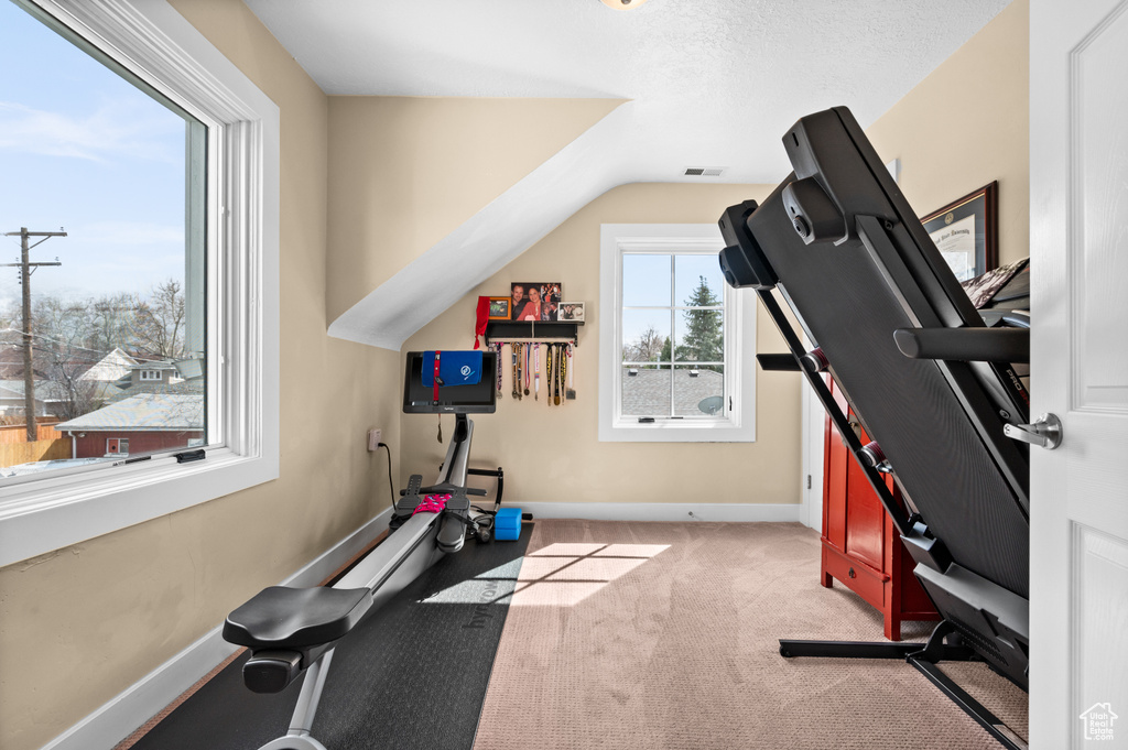 Workout area featuring a textured ceiling, vaulted ceiling, and light colored carpet
