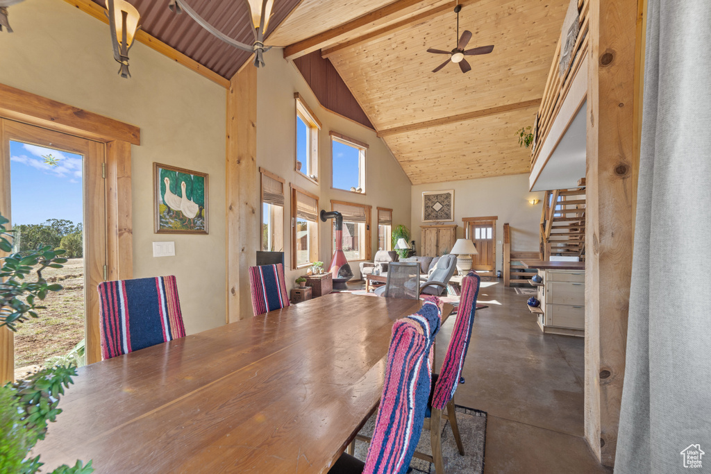 Dining area with ceiling fan, beam ceiling, high vaulted ceiling, and wood ceiling