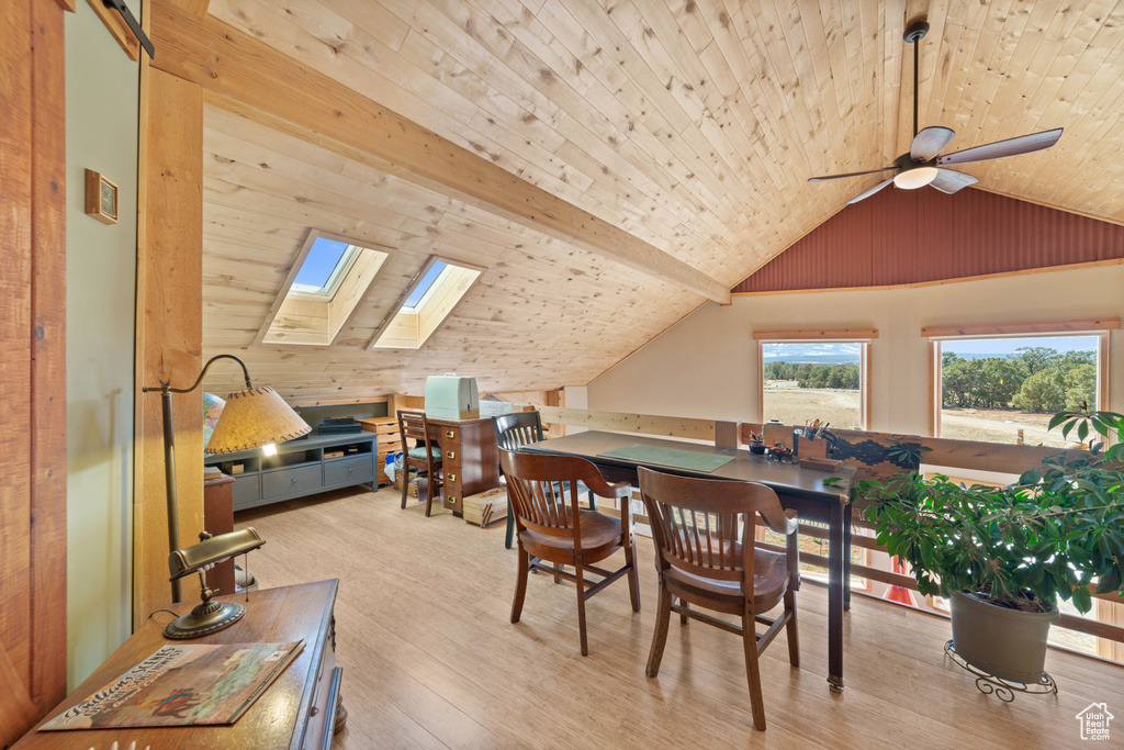 Dining space featuring wood ceiling, light hardwood / wood-style flooring, lofted ceiling with skylight, and ceiling fan