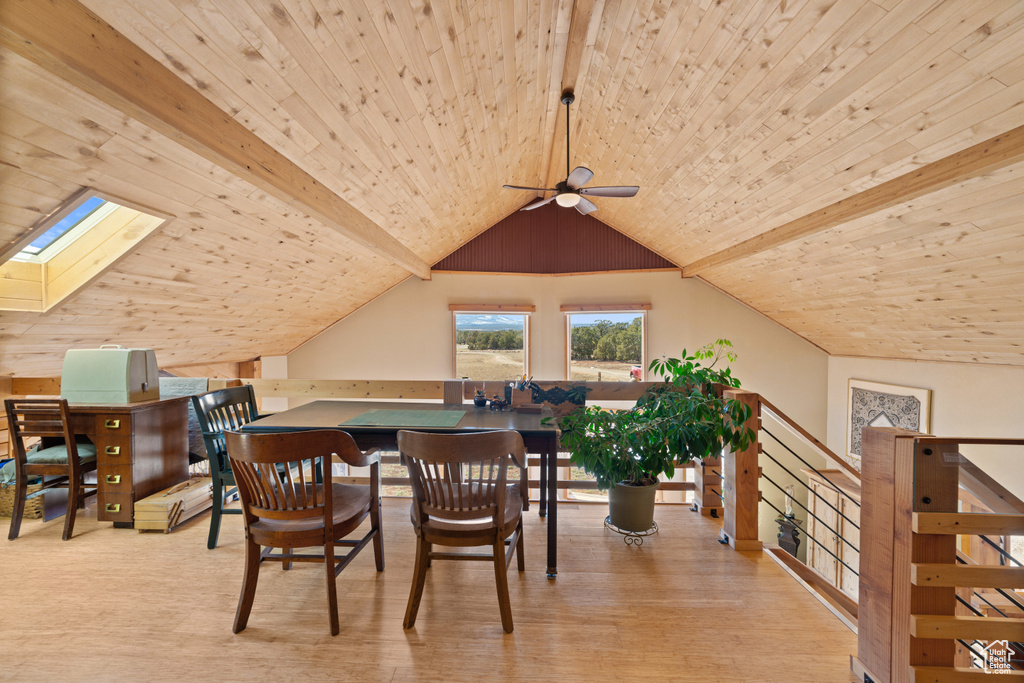 Dining area with light wood-type flooring, ceiling fan, lofted ceiling with skylight, and wood ceiling