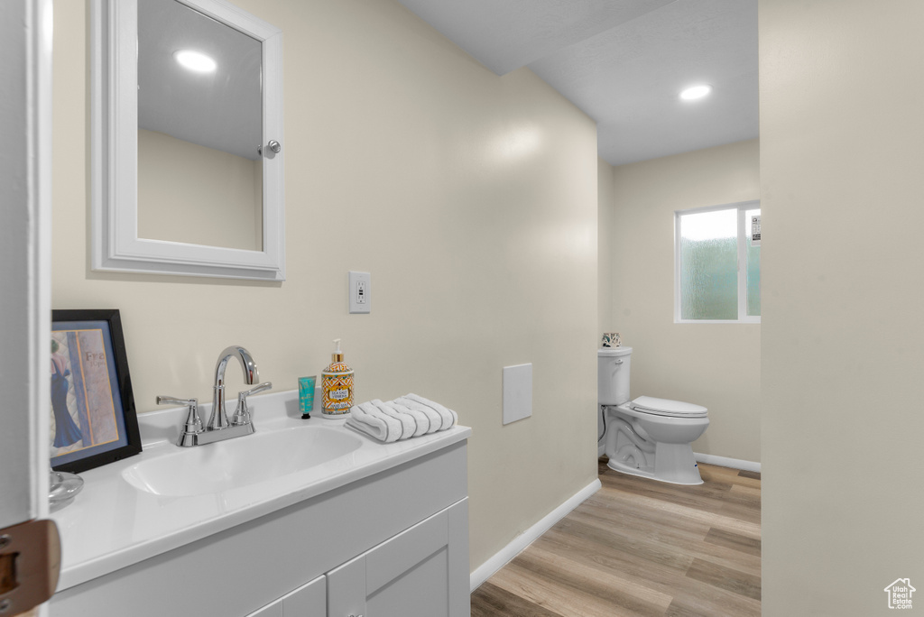 Bathroom featuring vanity, wood-type flooring, and toilet