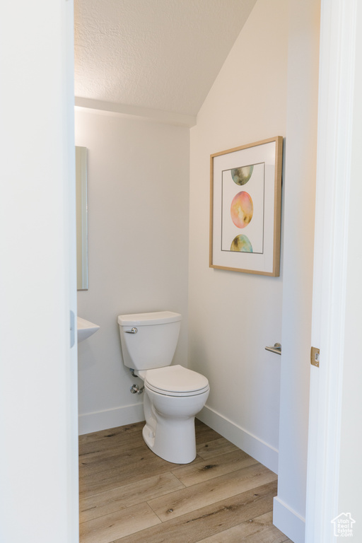 Bathroom with toilet, hardwood / wood-style floors, and vaulted ceiling