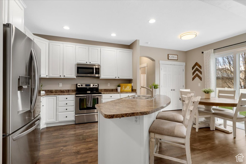 Kitchen featuring dark hardwood / wood-style floors, white cabinets, appliances with stainless steel finishes, and sink