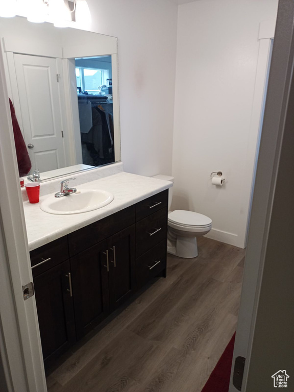 Bathroom featuring toilet, vanity, and wood-type flooring
