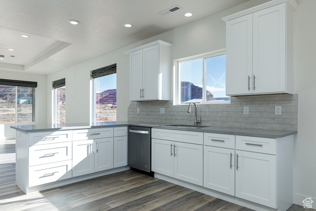Kitchen with dark hardwood / wood-style flooring, backsplash, sink, and white cabinetry
