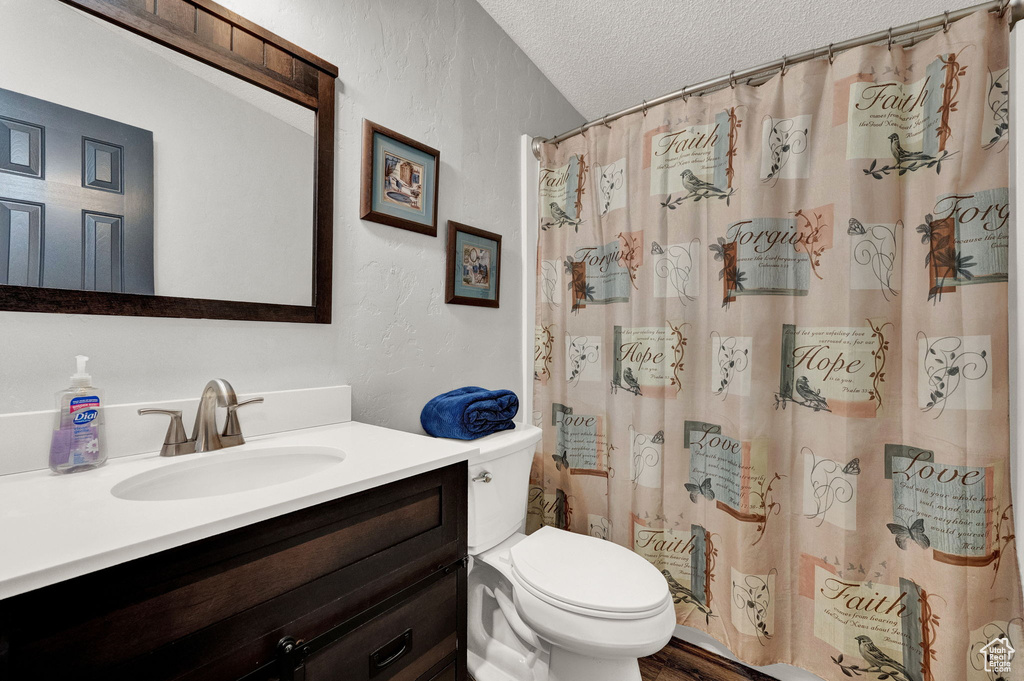 Bathroom with hardwood / wood-style flooring, toilet, vanity, and a textured ceiling
