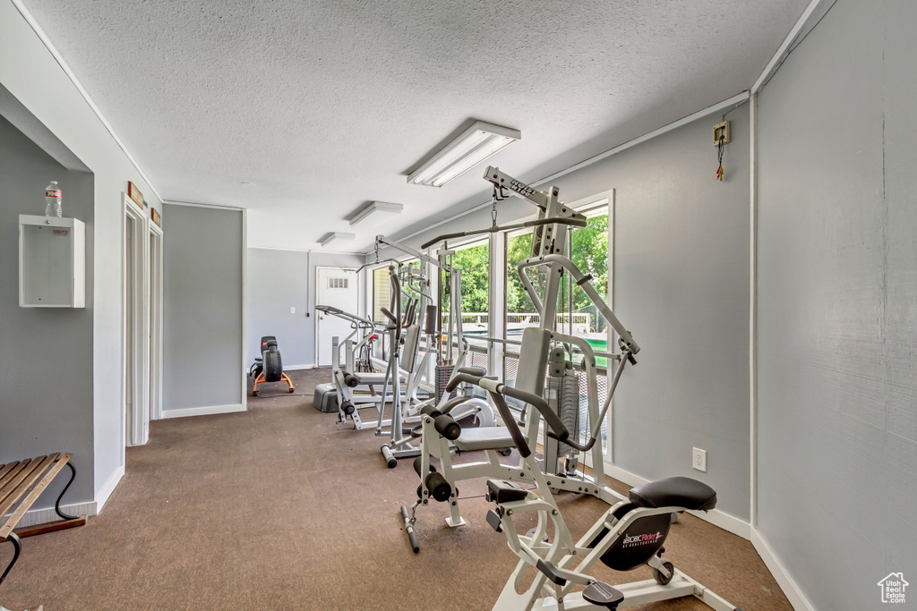 Gym featuring dark carpet and a textured ceiling
