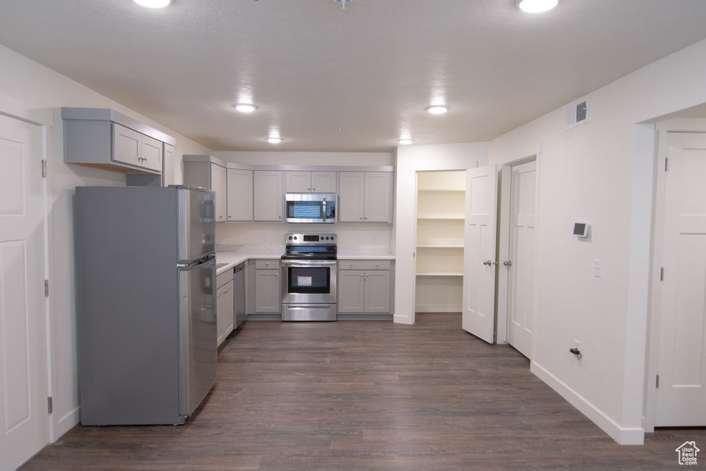 Kitchen featuring appliances with stainless steel finishes, gray cabinetry, and dark hardwood / wood-style flooring