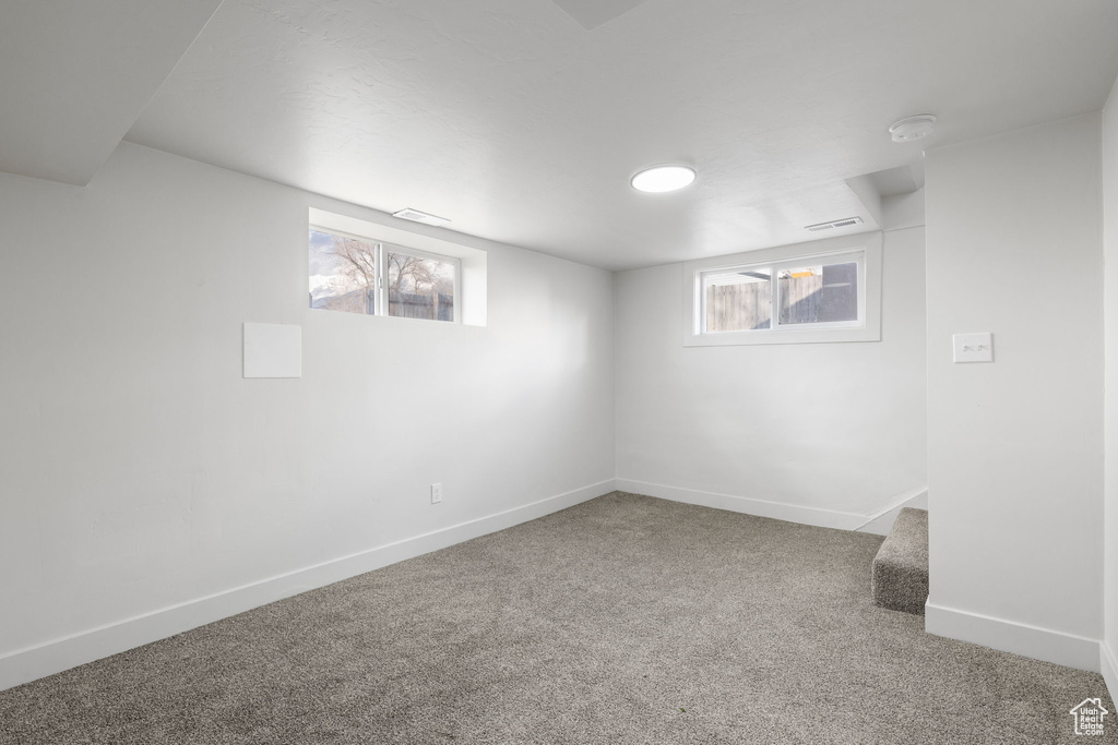 Basement with carpet flooring and a healthy amount of sunlight