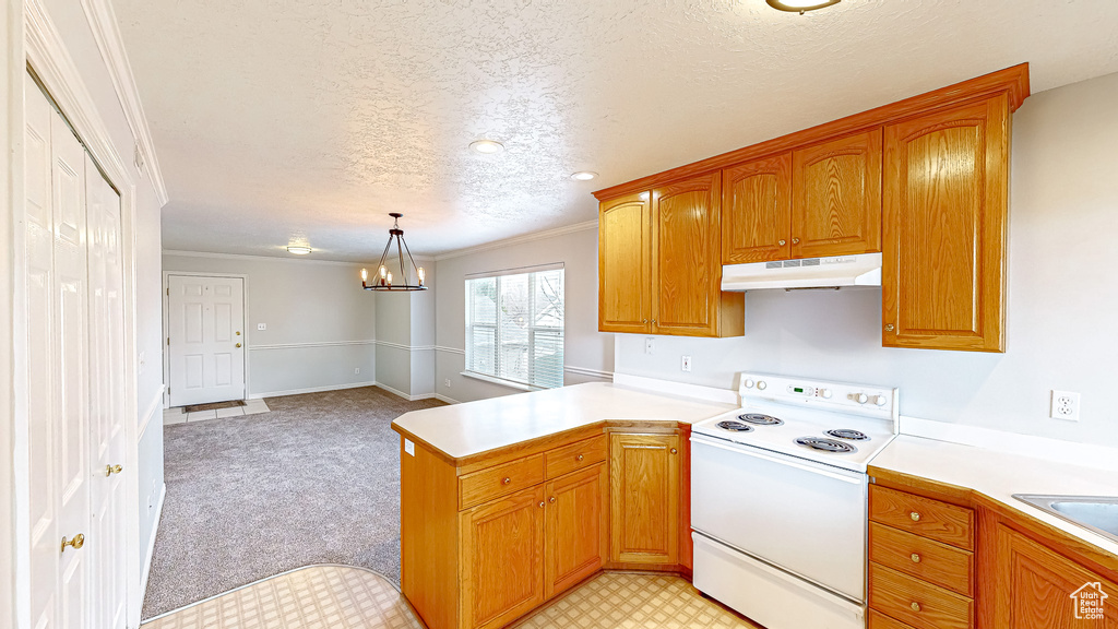 Kitchen featuring light colored carpet, ornamental molding, white electric stove, hanging light fixtures, and an inviting chandelier