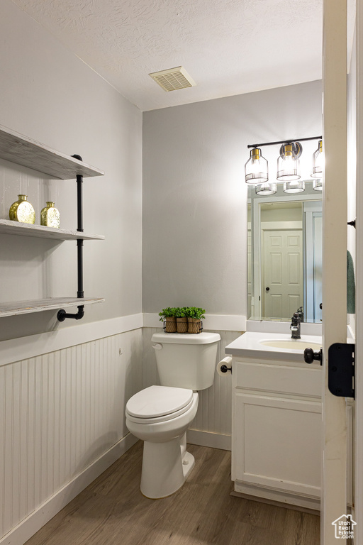 Bathroom featuring toilet, a textured ceiling, large vanity, and hardwood / wood-style flooring
