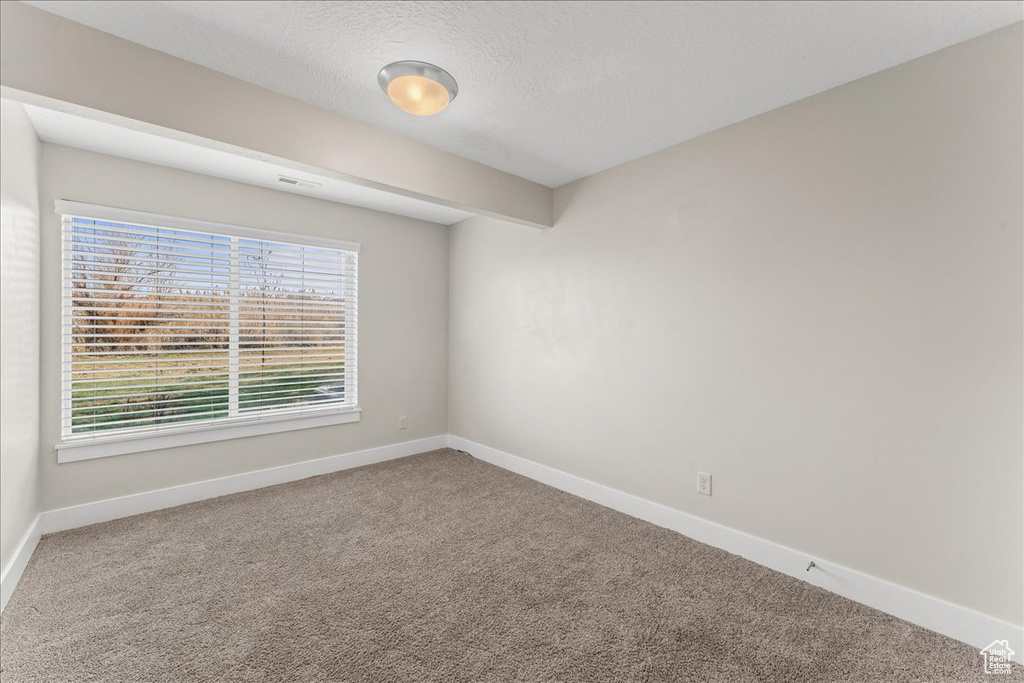 Spare room featuring a textured ceiling and carpet